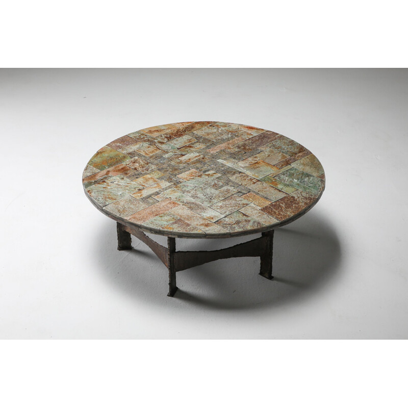 Vintage Pia Manu Round Slate Mosaic Coffee Table 1970s