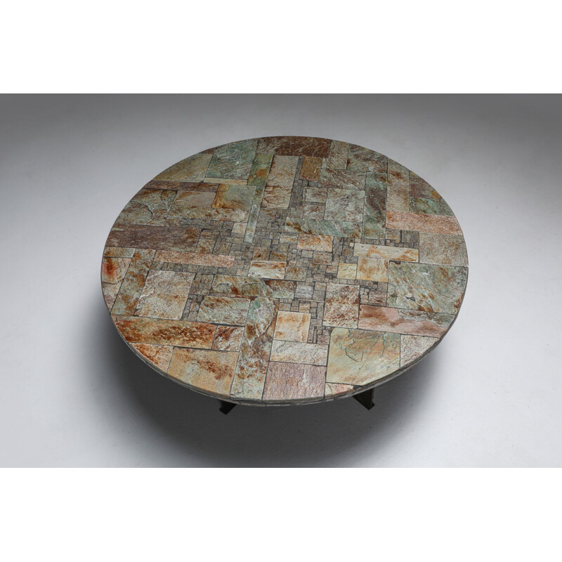 Vintage Pia Manu Round Slate Mosaic Coffee Table 1970s