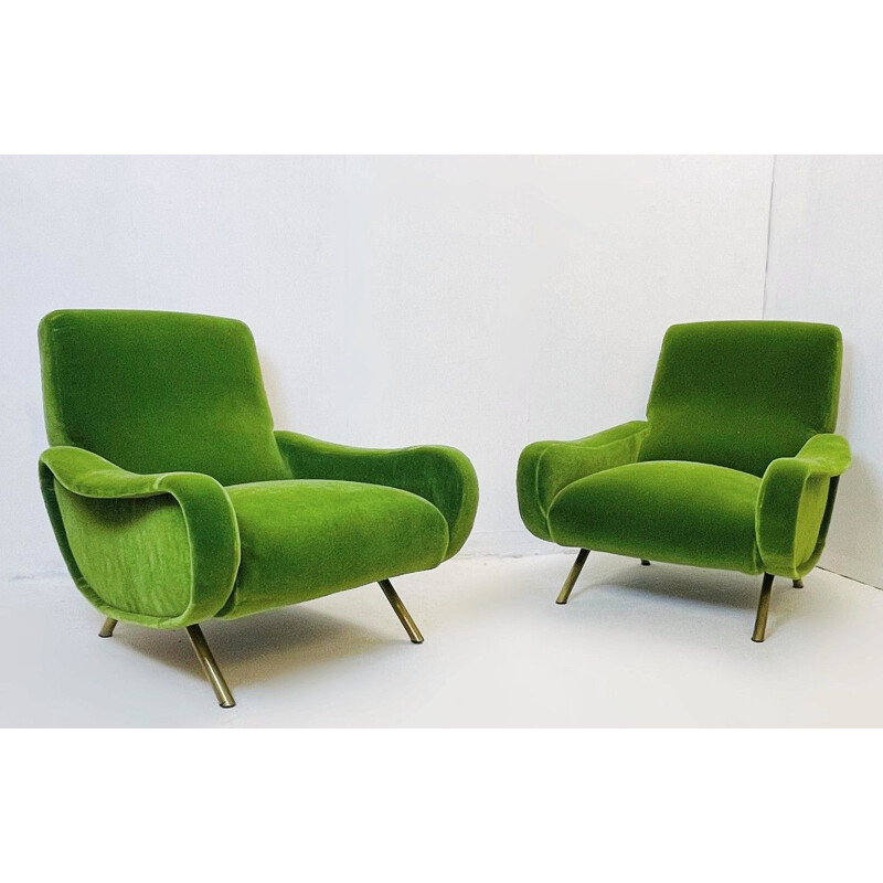 Pair of vintage green velvet armchairs by Marco Zanuso For Arflex Italy 1951s