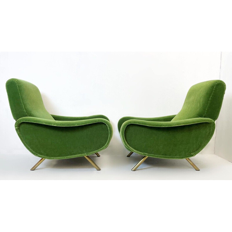 Pair of vintage green velvet armchairs by Marco Zanuso For Arflex Italy 1951s