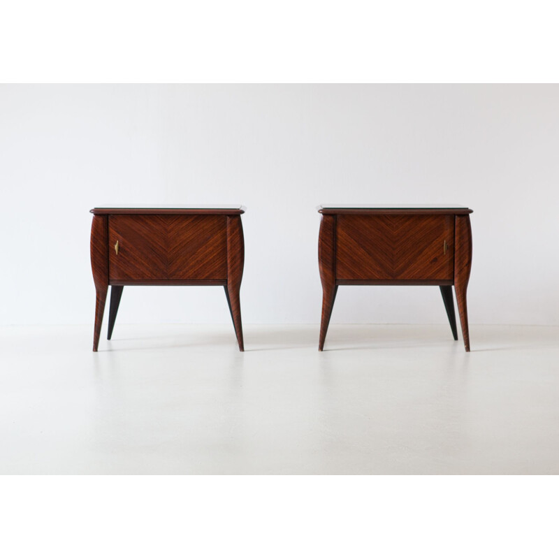 Pair of vintage Mahogany Wood Bedside Tables with Grey Glass Top Italy 1950s