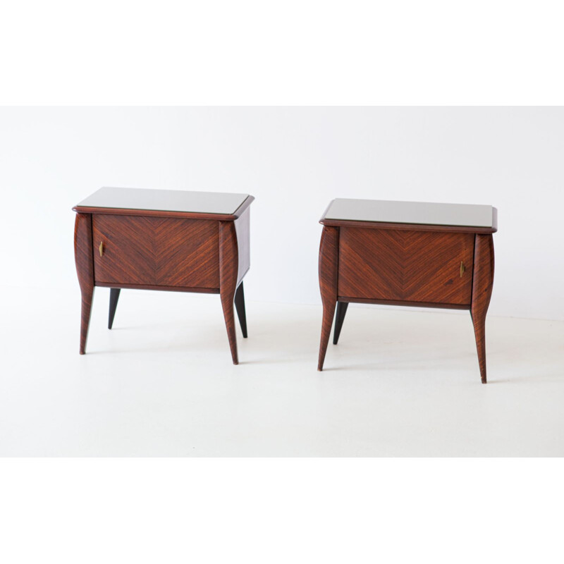 Pair of vintage Mahogany Wood Bedside Tables with Grey Glass Top Italy 1950s