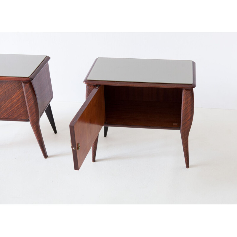 Pair of vintage Mahogany Wood Bedside Tables with Grey Glass Top Italy 1950s