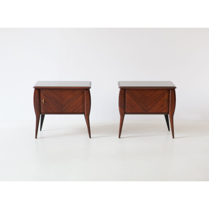 Pair of vintage Mahogany Wood Bedside Tables with Grey Glass Top Italy 1950s