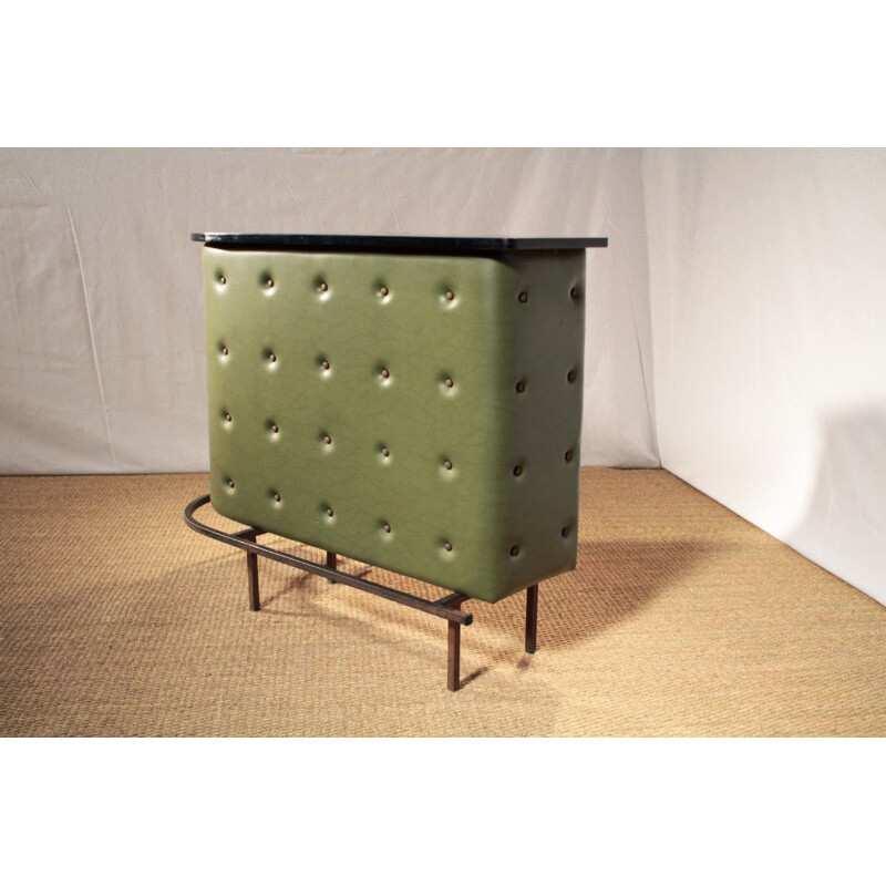 Corner bar in olive green leatherette and metal, Jacques ADNET - 1950s