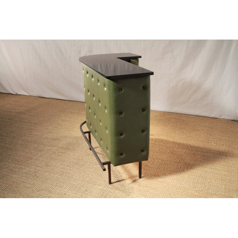 Corner bar in olive green leatherette and metal, Jacques ADNET - 1950s