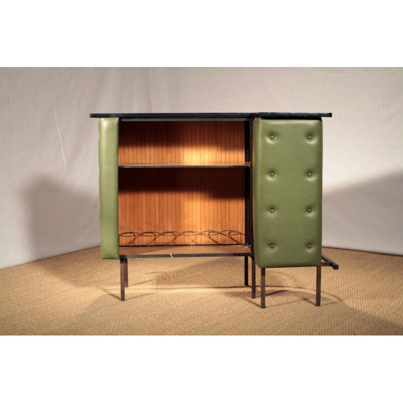 Corner bar in olive green leatherette and metal, Jacques ADNET - 1950s