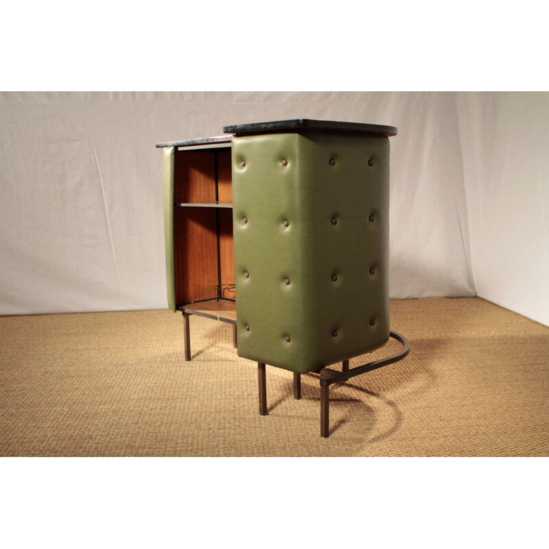 Corner bar in olive green leatherette and metal, Jacques ADNET - 1950s