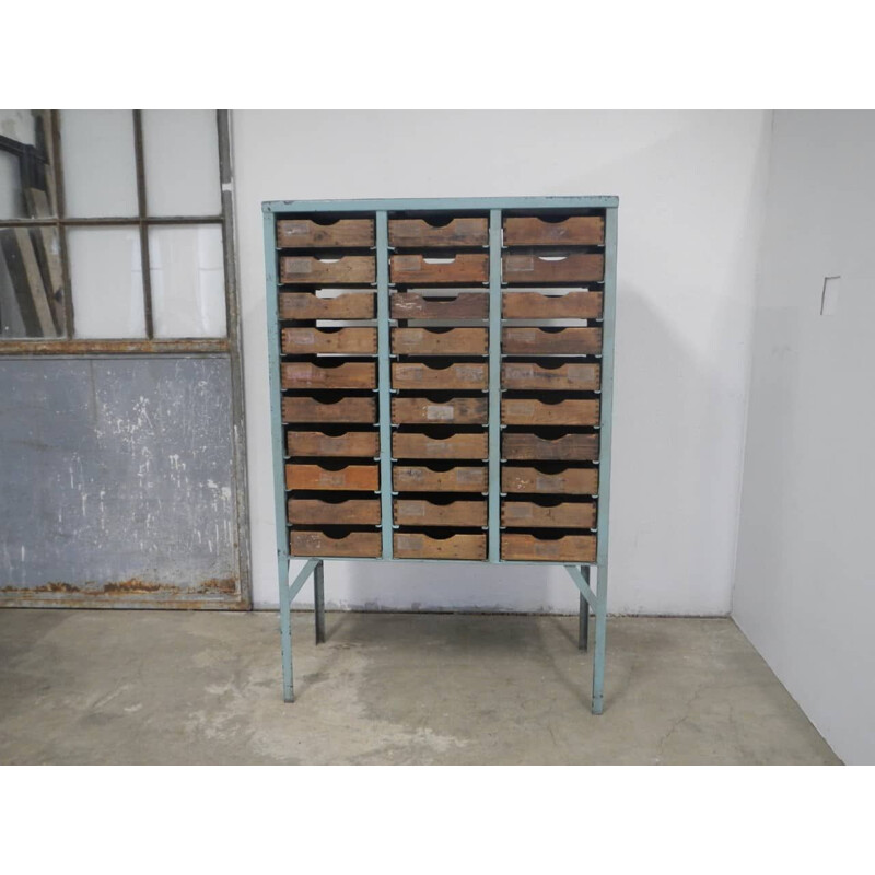 Vintage industrial metal chest and wooden drawers 1960s