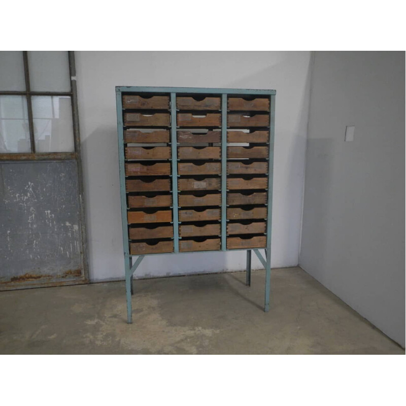 Vintage industrial metal chest and wooden drawers 1960s