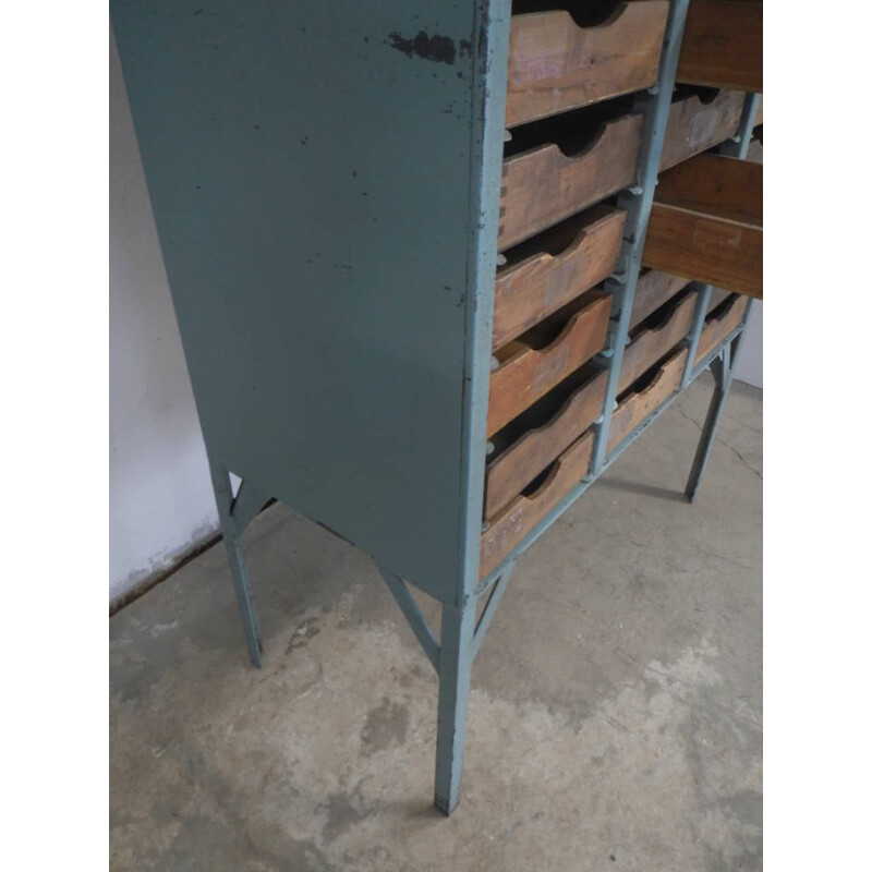 Vintage industrial metal chest and wooden drawers 1960s