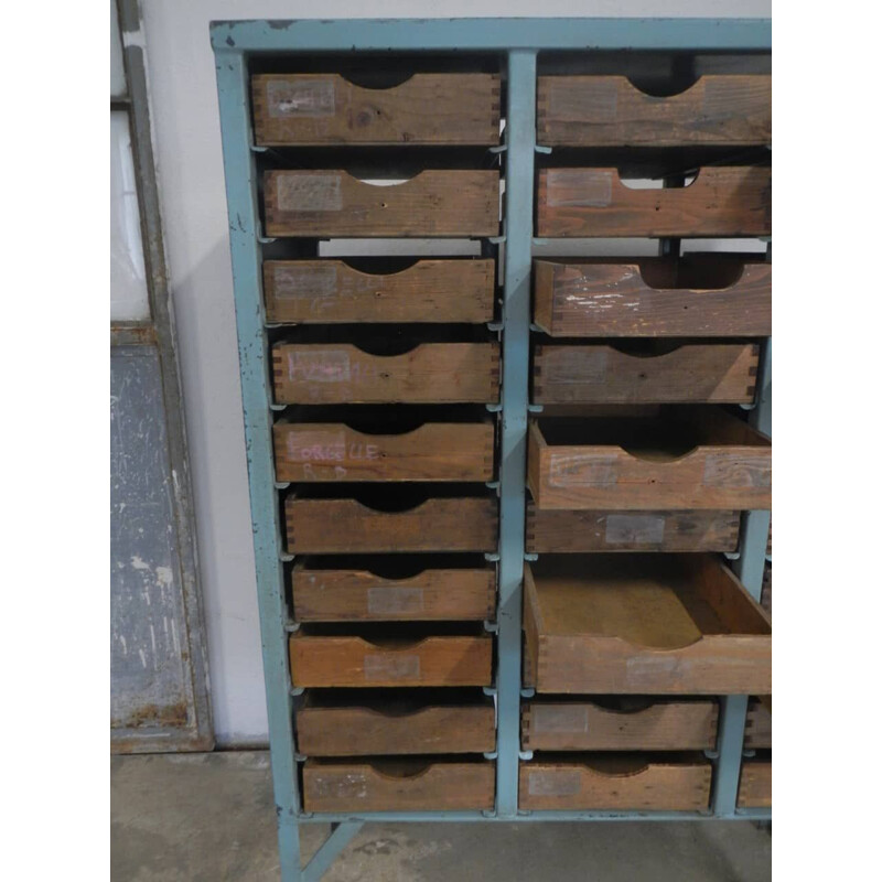 Commode vintage industrielle en métal et tiroirs en bois 1960