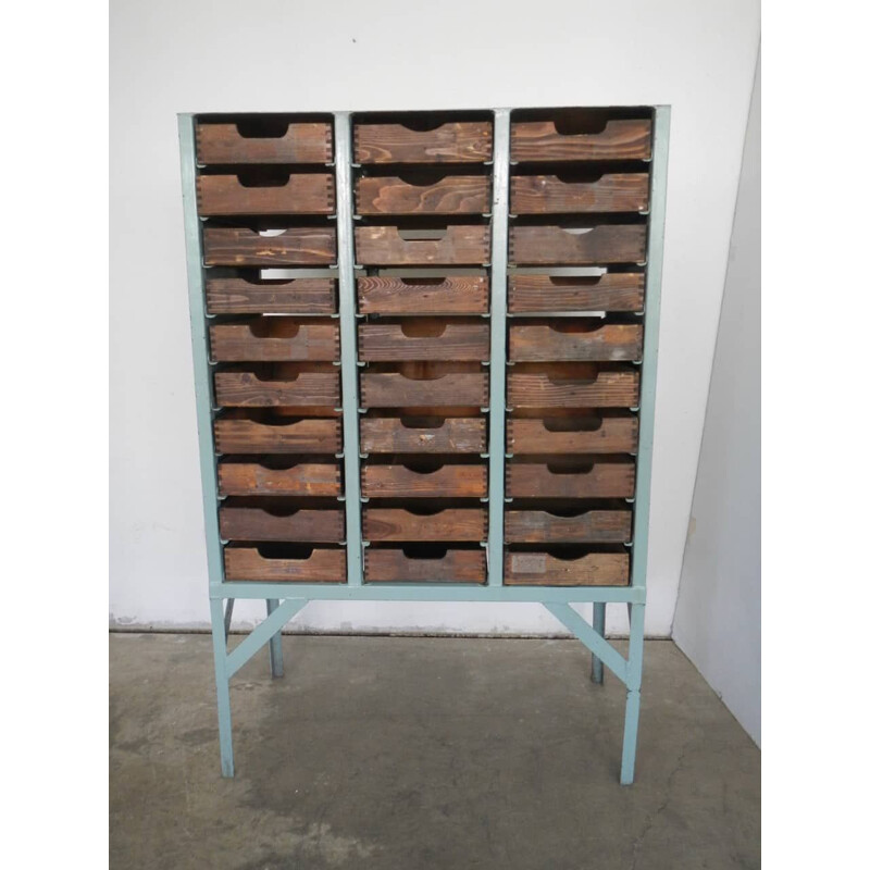 Vintage industrial metal chest and wooden drawers 1960s