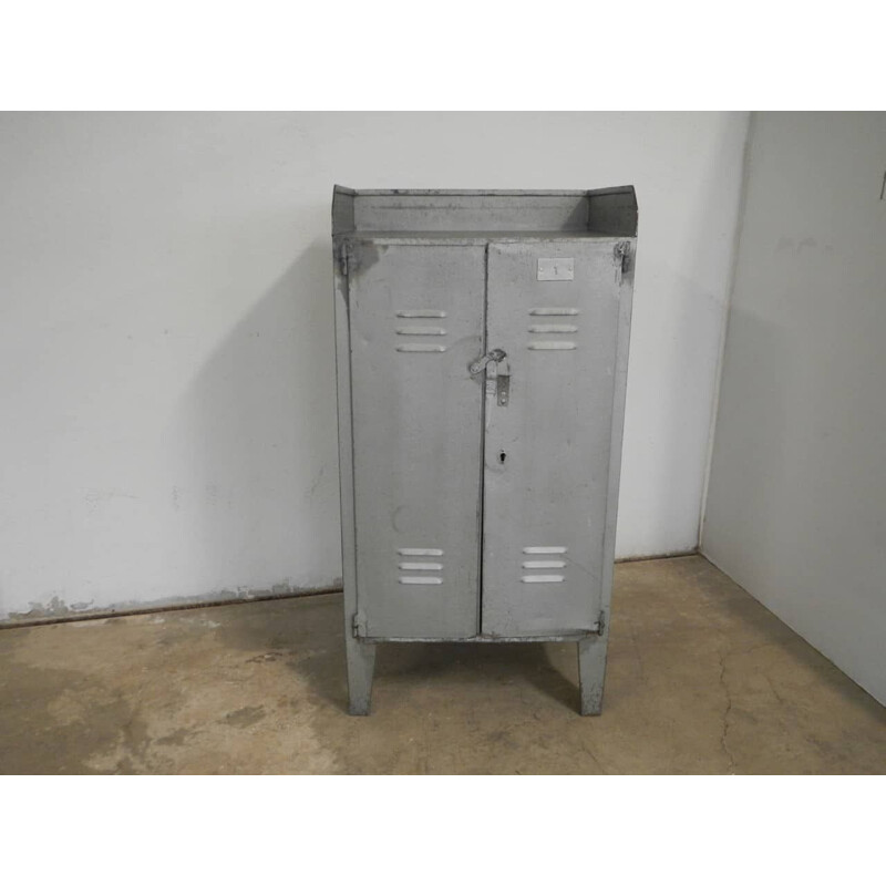 Vintage metal workshop cabinet with two patinated doors, 1970