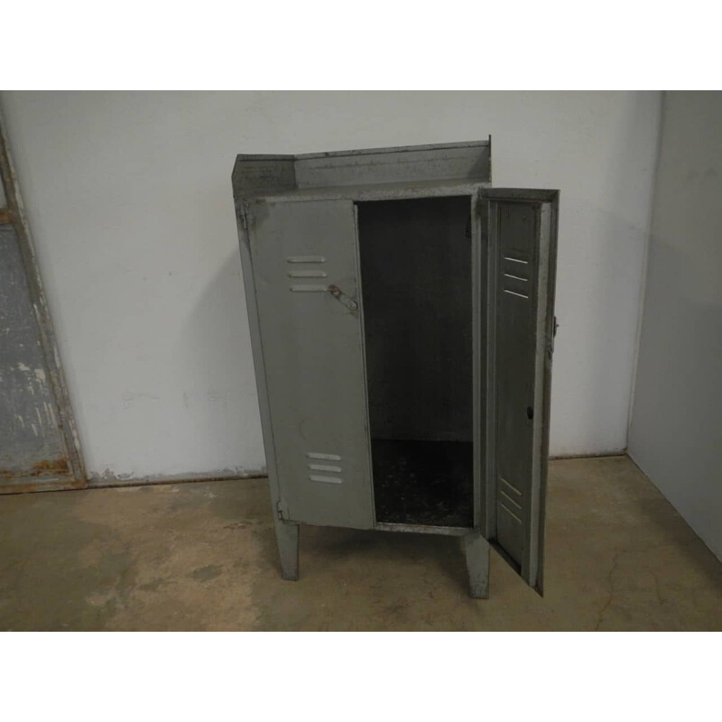 Vintage metal workshop cabinet with two patinated doors, 1970