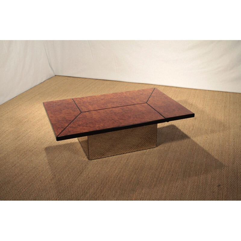 Table basse transformable en loupe d'orme et miroir, Paul MICHEL - 1970