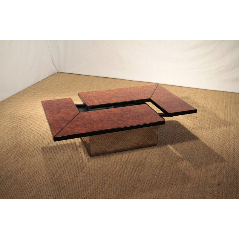 Table basse transformable en loupe d'orme et miroir, Paul MICHEL - 1970