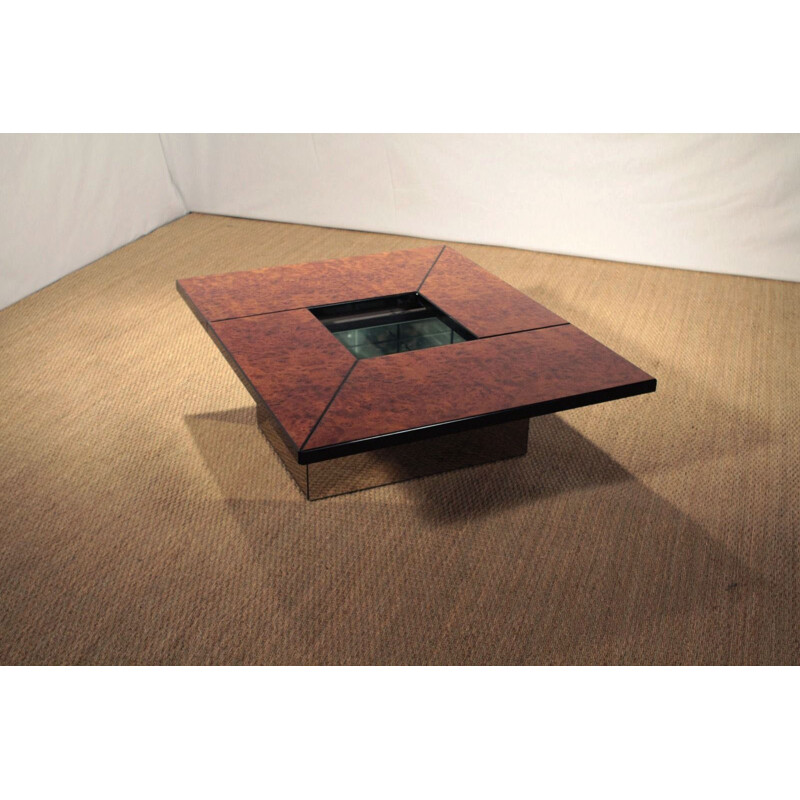 Table basse transformable en loupe d'orme et miroir, Paul MICHEL - 1970
