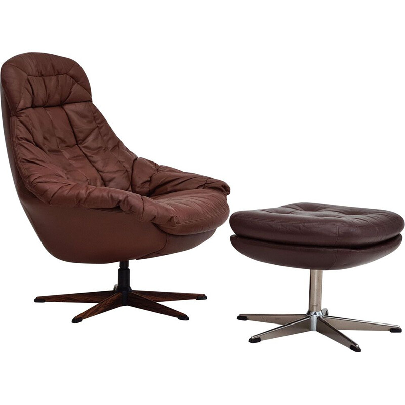 Vintage swivel armchair with stool leather Denmark 1970s