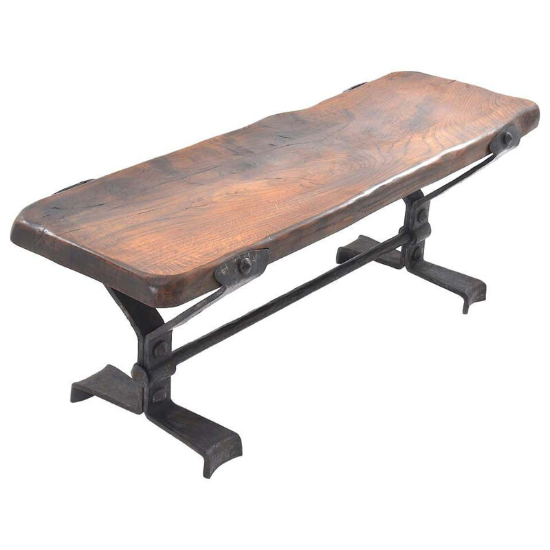 Vintage bench in solid wood and wrought iron France 1950s