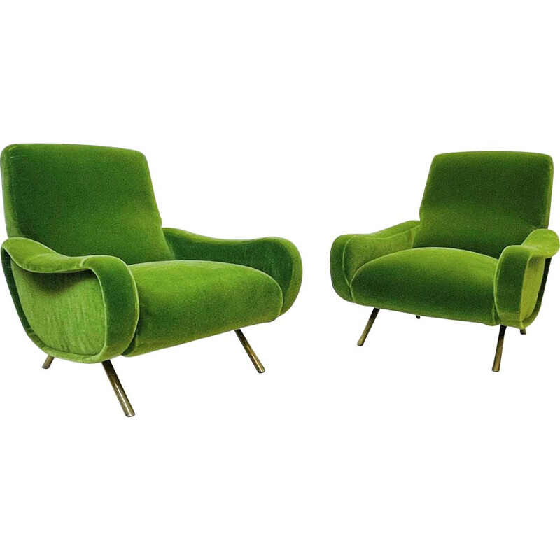 Pair of vintage green velvet armchairs by Marco Zanuso For Arflex Italy 1951s