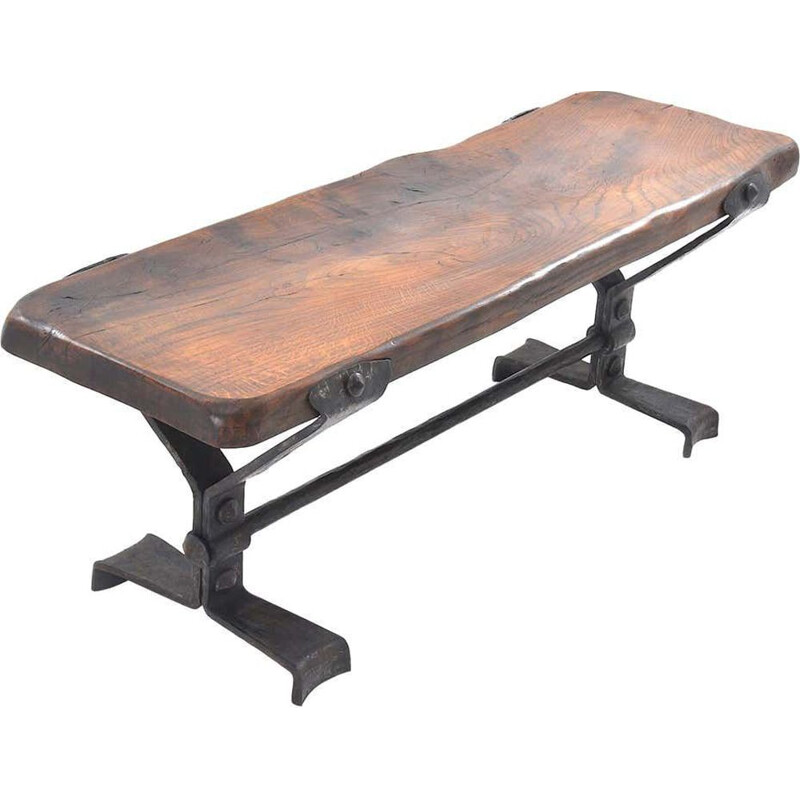 Vintage bench in solid wood and wrought iron France 1950s