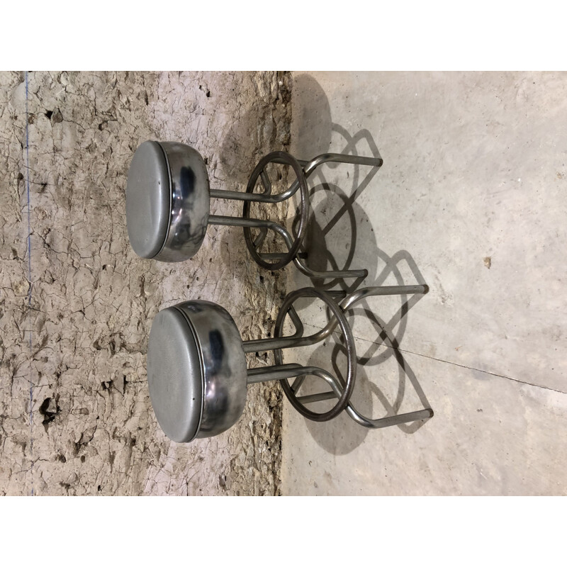 Pair of vintage chic industrial bar stools in chromed metal 1970s