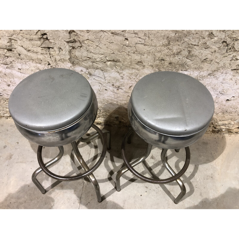 Pair of vintage chic industrial bar stools in chromed metal 1970s