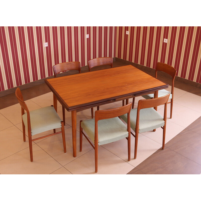 Table et 6 chaises vintage par Henning Kjærnulf pour Korup Stolefabrik Danemark 1960