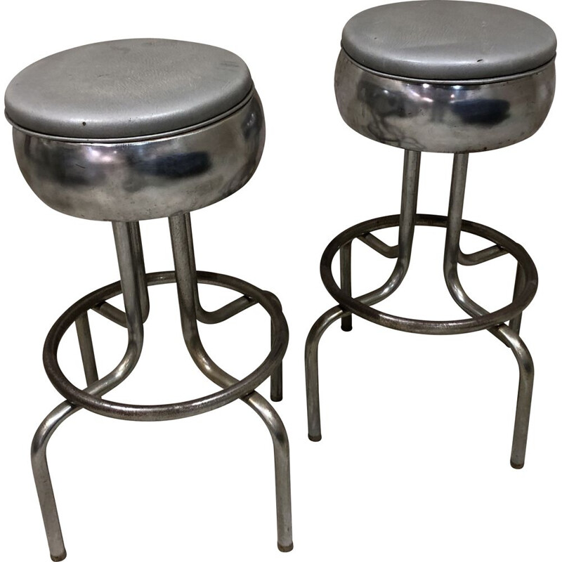 Pair of vintage chic industrial bar stools in chromed metal 1970s
