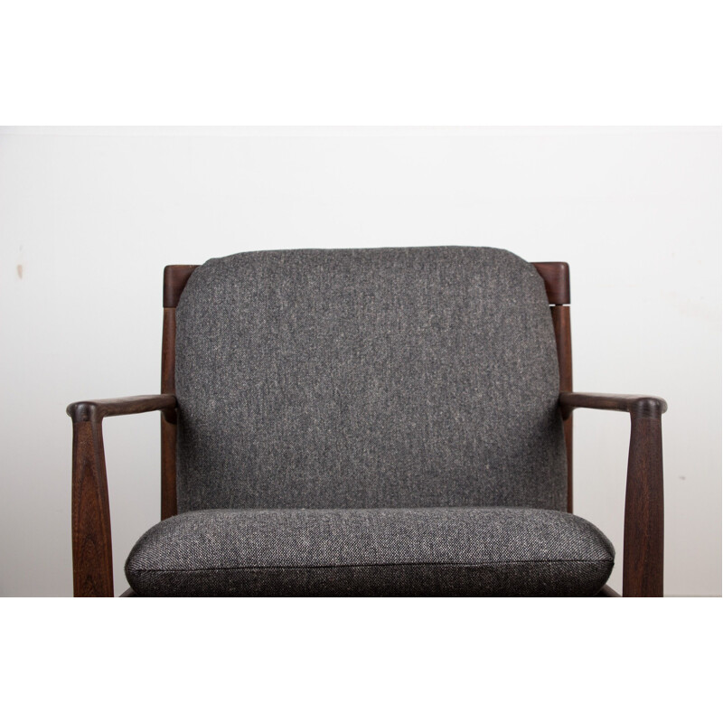 Vintage armchair in dark teak and Kvadrat fabric by Ib Kofod Larsen Danish 1960s