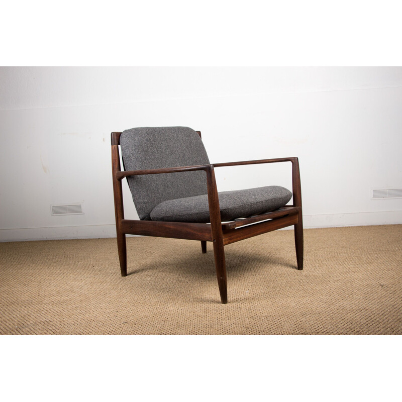 Fauteuil vintage en teck foncé et tissu Kvadrat par Ib Kofod Larsen Danois 1960