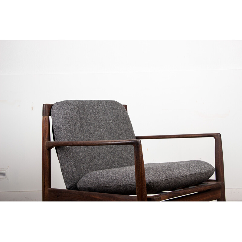 Vintage armchair in dark teak and Kvadrat fabric by Ib Kofod Larsen Danish 1960s