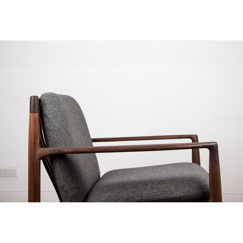 Fauteuil vintage en teck foncé et tissu Kvadrat par Ib Kofod Larsen Danois 1960