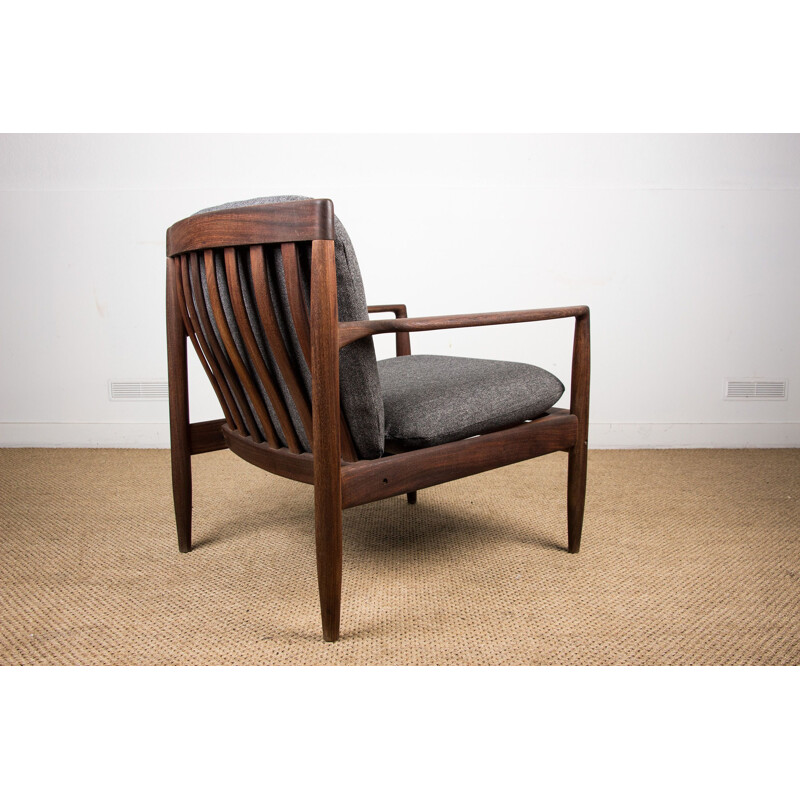 Vintage armchair in dark teak and Kvadrat fabric by Ib Kofod Larsen Danish 1960s