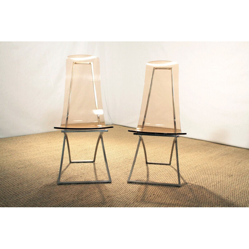 Pair of "CH4" chairs in smoked plexiglass and chrome steel, Edmond VERNASSA - 1970s