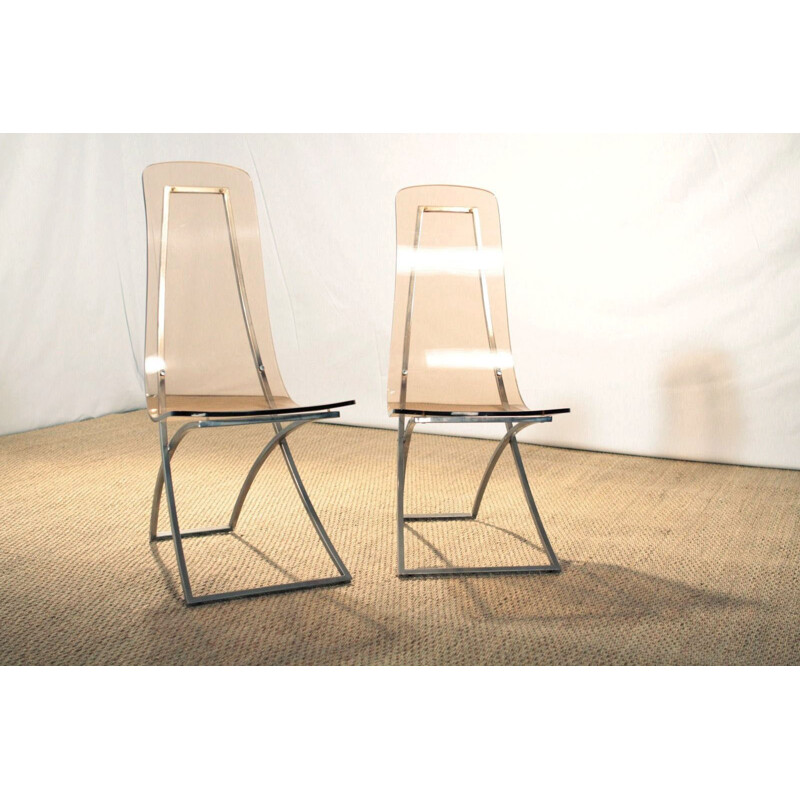 Pair of "CH4" chairs in smoked plexiglass and chrome steel, Edmond VERNASSA - 1970s