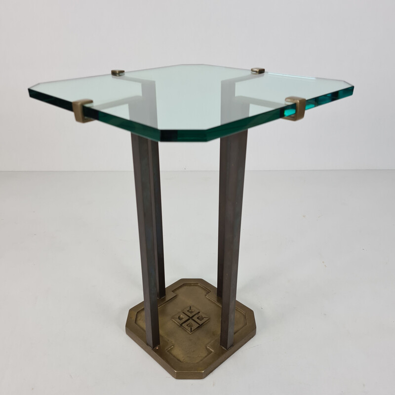 Vintage Brutalist brass & glass side table by Peter Ghyczy for Ghyczy 1970s