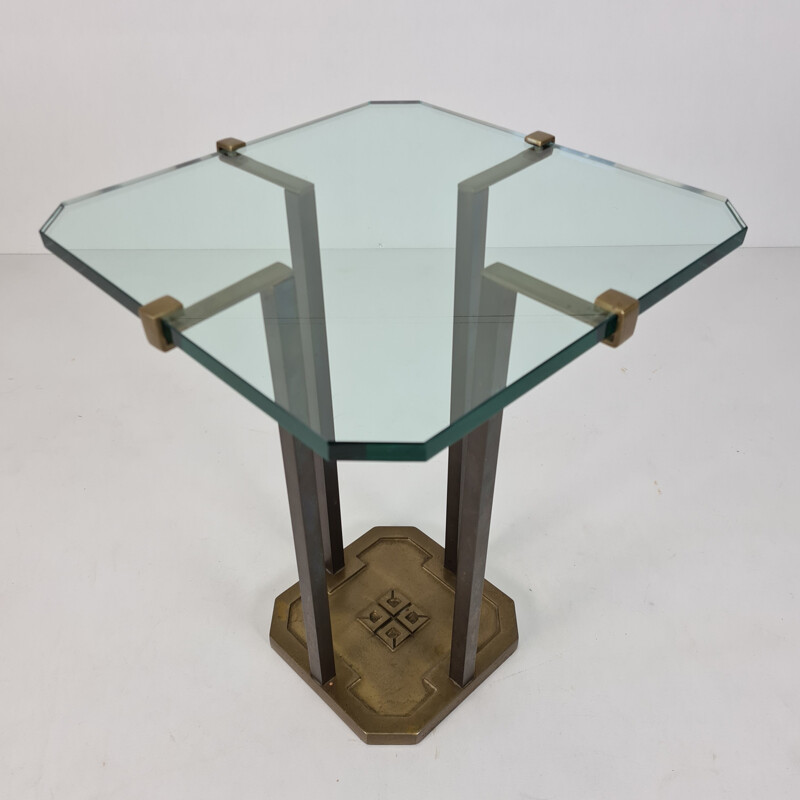 Table d'appoint vintage brutalist en laiton et verre par Peter Ghyczy pour Ghyczy 1970