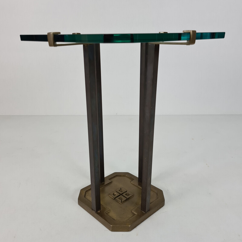 Vintage Brutalist brass & glass side table by Peter Ghyczy for Ghyczy 1970s