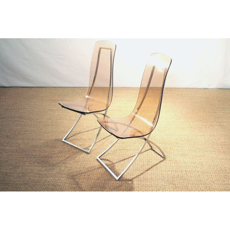 Pair of "CH4" chairs in smoked plexiglass and chrome steel, Edmond VERNASSA - 1970s
