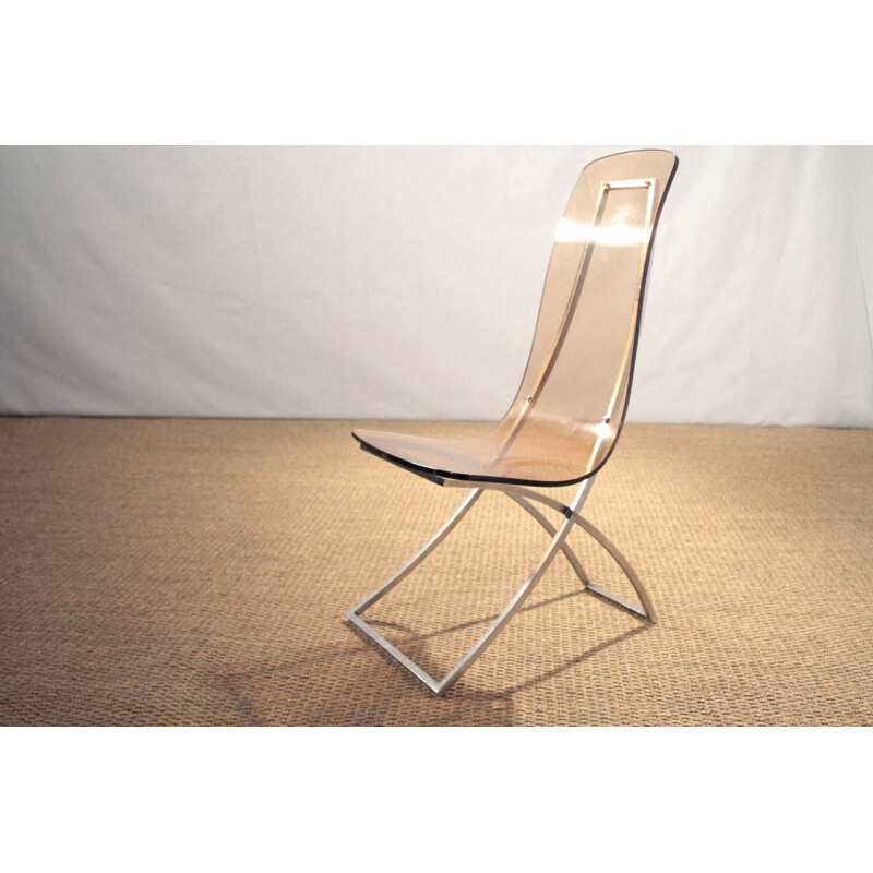 Paire de chaises "CH4" en plexiglass fumé et acier chromé, Edmond VERNASSA - 1970