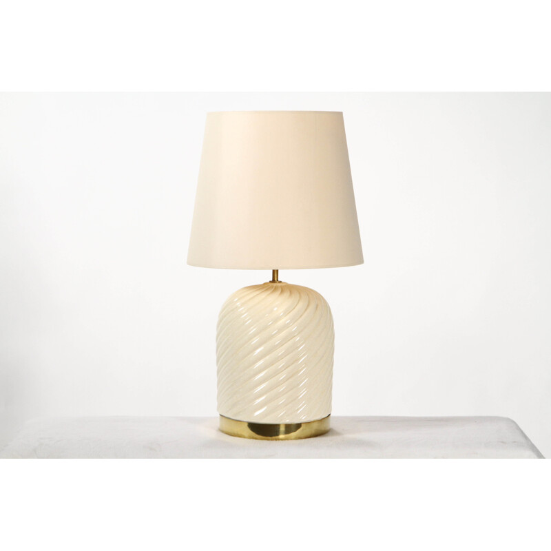 Italian table lamp in cream ceramic and brass, Tommaso BARBI - 1970s