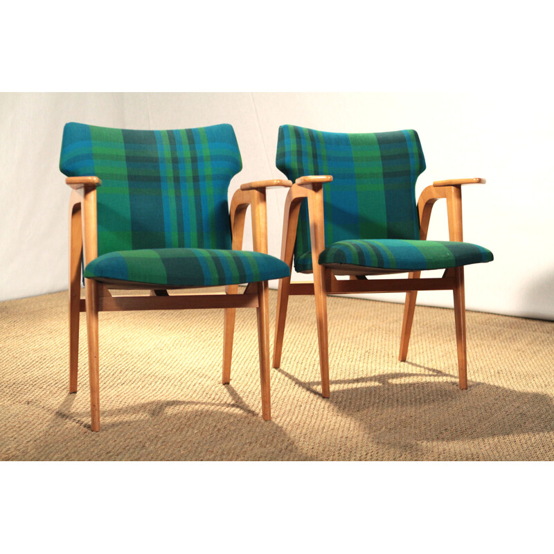 Pair of armchairs in beech wood and fabric, Roger LANDAULT - 1950s