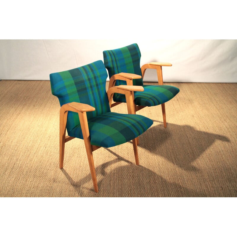 Pair of armchairs in beech wood and fabric, Roger LANDAULT - 1950s