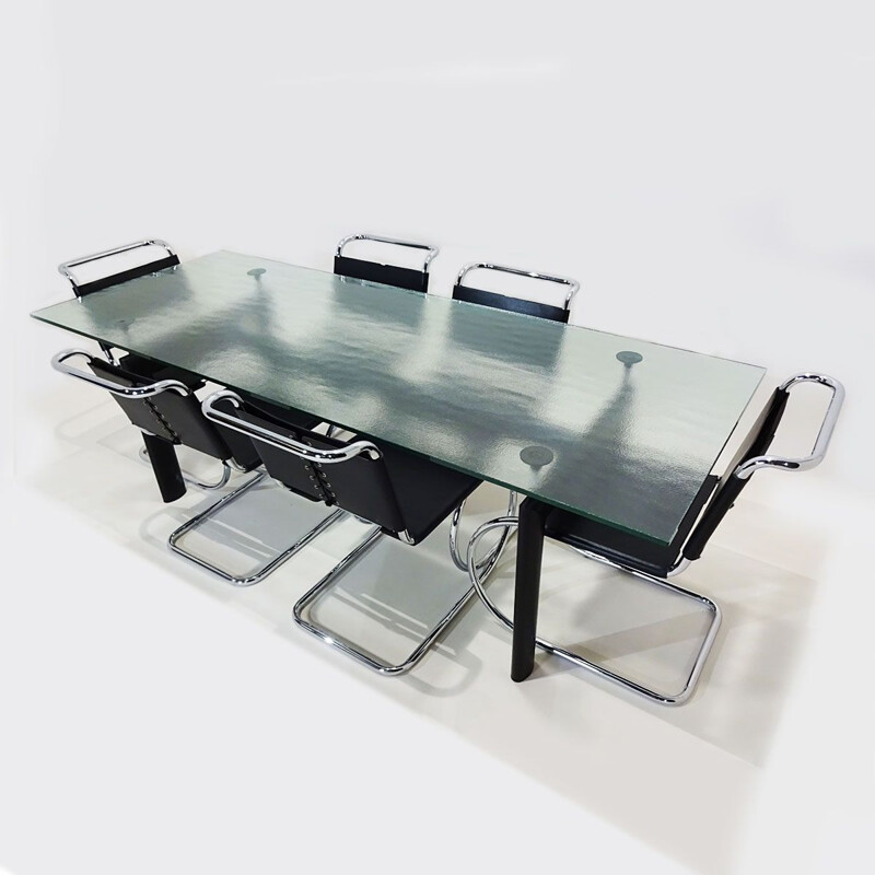 Original vintage Cassina Le Corbusier designed LC6 6-8 seat dining table with textured crystal glass top
