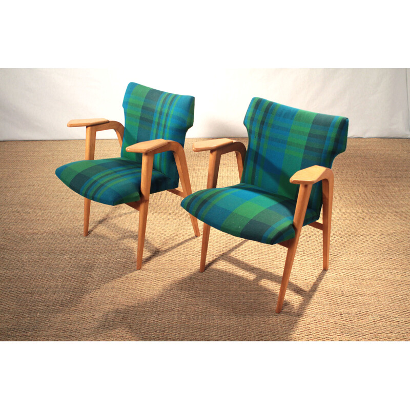 Pair of armchairs in beech wood and fabric, Roger LANDAULT - 1950s