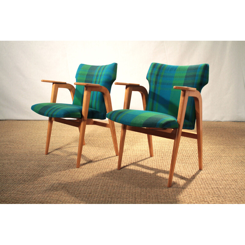 Pair of armchairs in beech wood and fabric, Roger LANDAULT - 1950s