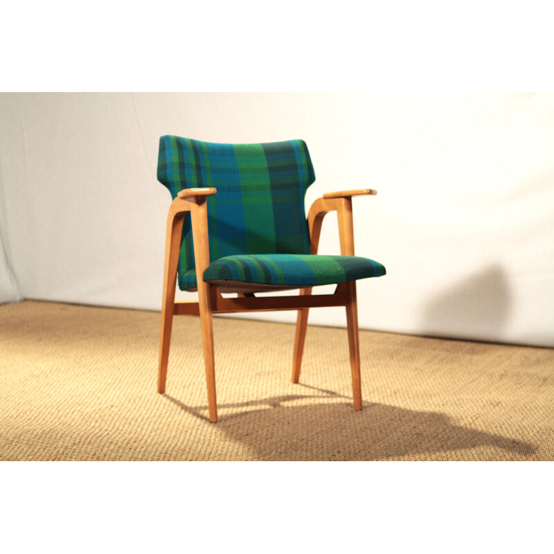 Pair of armchairs in beech wood and fabric, Roger LANDAULT - 1950s