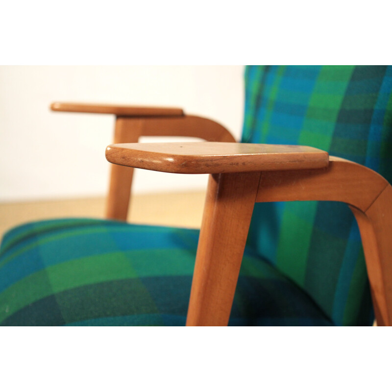 Pair of armchairs in beech wood and fabric, Roger LANDAULT - 1950s